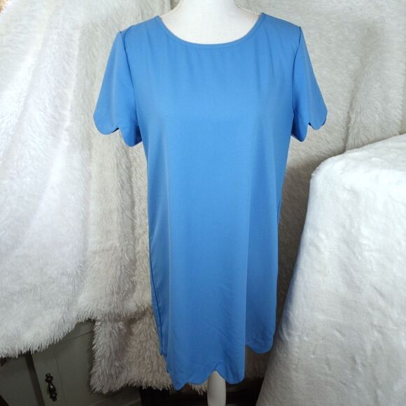 ONE STORY BLUE SHIFT DRESS W/SCALLOPED SLEEVES SZ.L EUC - Picture 2 of 8